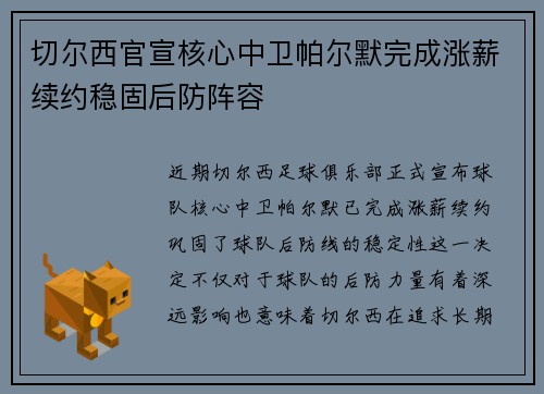 切尔西官宣核心中卫帕尔默完成涨薪续约稳固后防阵容