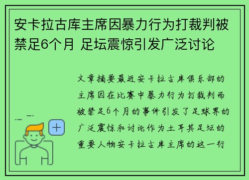 安卡拉古库主席因暴力行为打裁判被禁足6个月 足坛震惊引发广泛讨论 安卡拉古库主席因暴力行为打裁判被禁足6个月 足坛震惊引发广泛讨论